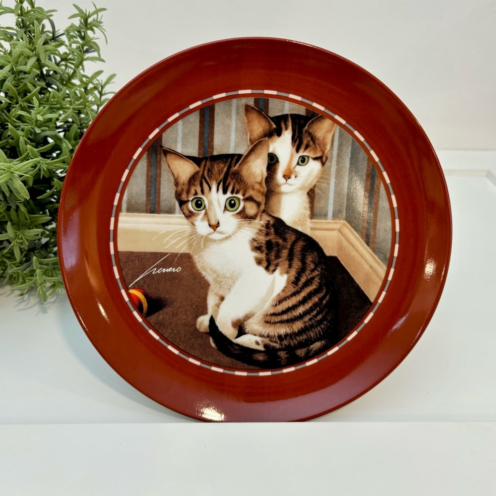Vintage Burgundy Red Kittens Playing Lowell Herrero Designer Collectible Plate
